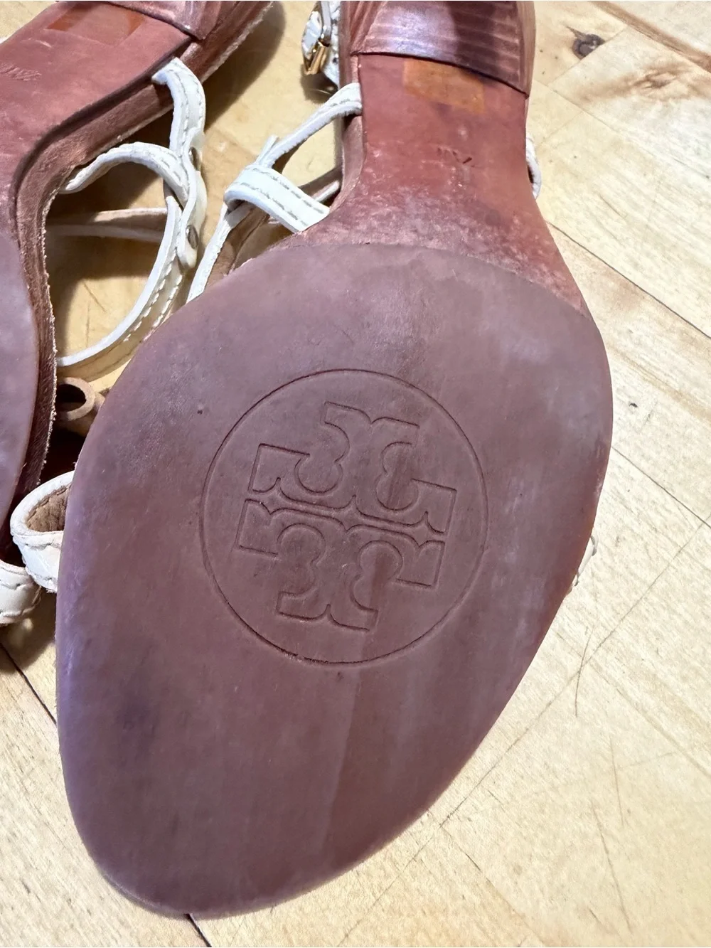 Tory Burch Two-Tone Tan and White Bow Leather Slingback Sandals
